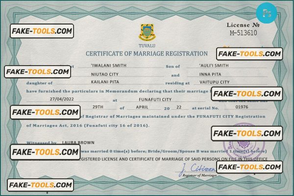 Tuvalu marriage certificate PSD template, fully editable