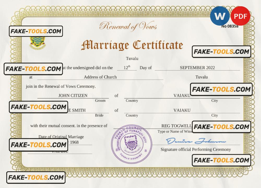 Tuvalu marriage certificate Word and PDF template, completely editable scan effect