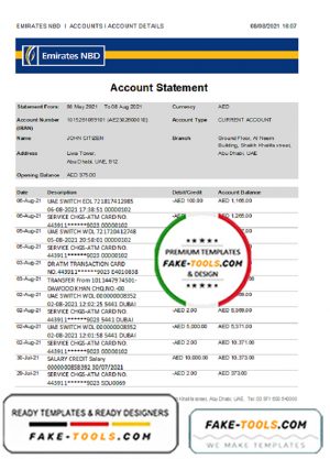 UAE Abu Dhabi NBD bank statement easy to fill template in Excel and PDF format