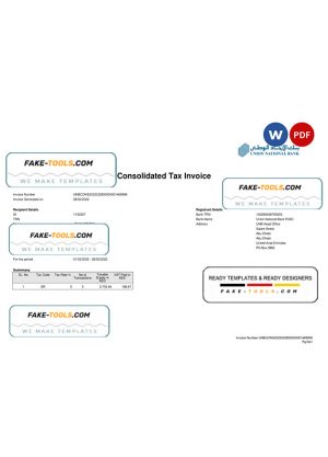 UAE Abu Dhabi Union National bank statement, Word and PDF template, 2 pages