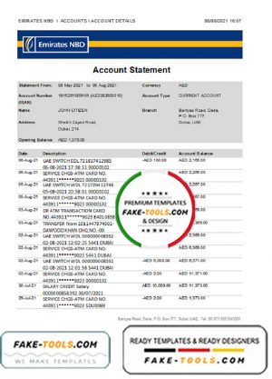 UAE Dubai Emirates NBD bank proof of address statement template in Word and PDF format