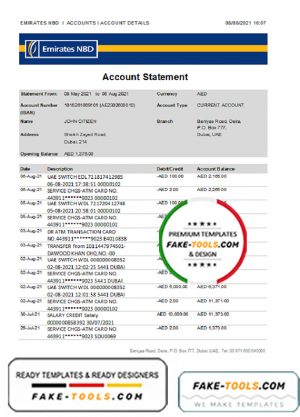UAE Dubai Emirates NBD bank statement easy to fill template in Excel and PDF format