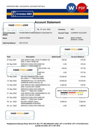 UAE Dubai NBD bank statement Word and PDF template, version 2