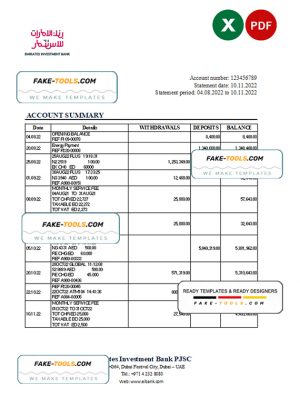 UAE Emirates Investment Bank statement, Excel and PDF template