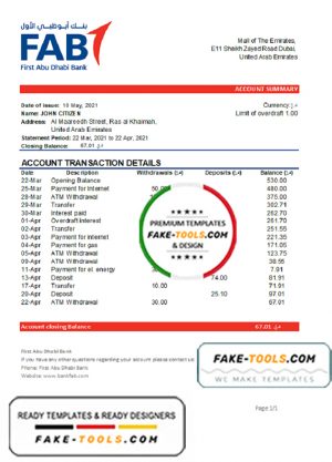 UAE First Abu Dhabi Bank statement easy to fill template in .xls and .pdf file format