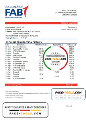 UAE First Abu Dhabi bank statement easy to fill template in Word and PDF format