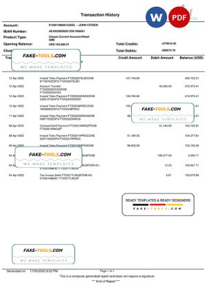UAE Fujeirah National bank (NFB) bank statement, Word and PDF template
