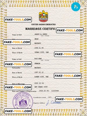 UAE marriage certificate PSD template, completely editable