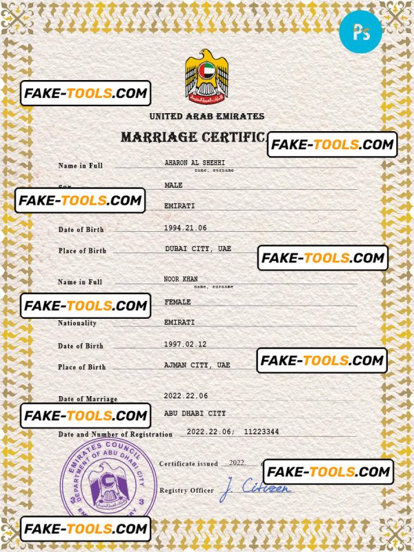 UAE marriage certificate PSD template, completely editable
