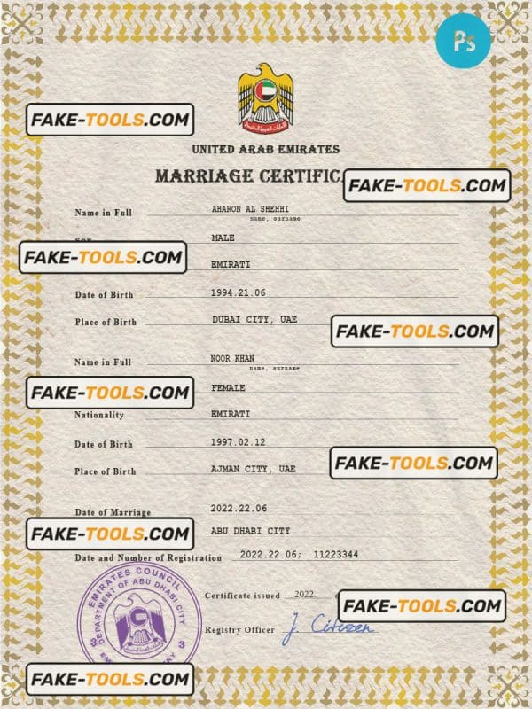 UAE marriage certificate PSD template, completely editable