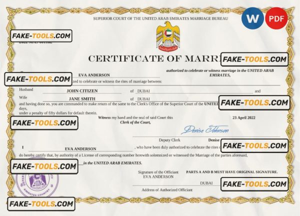 UAE marriage certificate Word and PDF template, fully editable scan effect