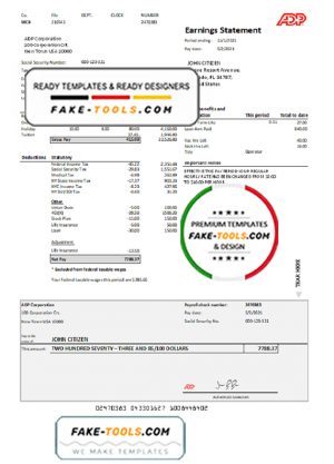 USA ADP Earnings statement template in .xls and .pdf file format