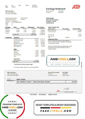 USA ADP Earnings statement template in Word and PDF format
