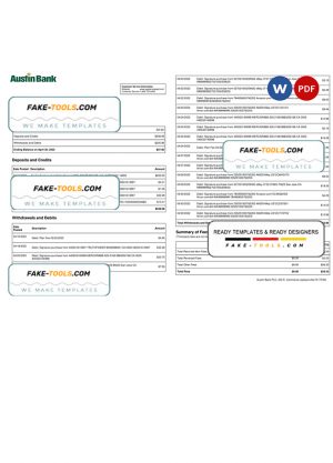 USA Austin Bank statement template in Word and PDF format, 2 pages