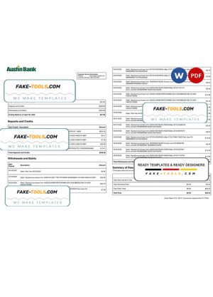 USA Austin bank statement, Word and PDF template, 2 pages