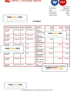 USA BAC Florida bank statement Word and PDF template
