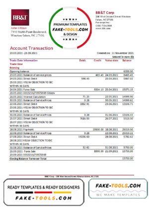 USA BB&T Corp. bank statement easy to fill template in .xls and .pdf file format