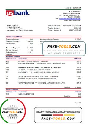 USA Bancorp bank statement easy to fill template in .xls and .pdf file format
