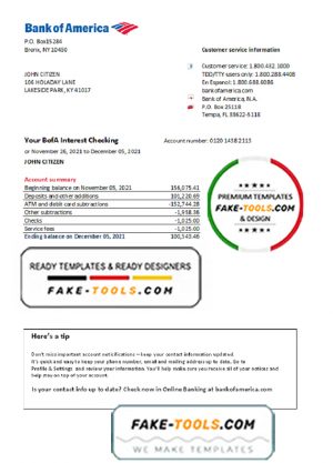 USA Bank of America bank statement easy to fill template in .xls and .pdf file format