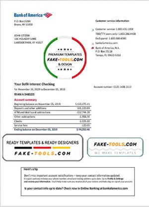 USA Bank of America bank statement easy to fill template in Word and PDF format