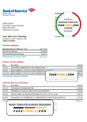 USA Bank of America bank statement template in Excel and PDF format, version 4