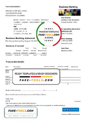 USA Bank of Montreal (BMO) bank proof of address statement template in Word and PDF format