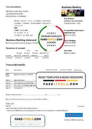 USA Bank of Montreal (BMO) bank statement easy to fill template in Excel and PDF format