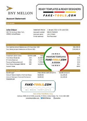 USA Bank of New York Mellon bank statement easy to fill template in Excel and PDF format