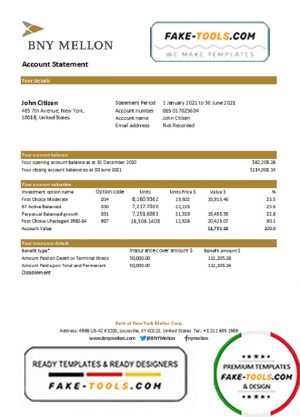 USA Bank of New York Mellon proof of address bank statement template in Word and PDF format (.doc and .pdf)