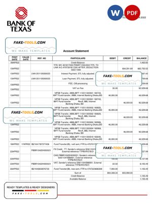 USA Bank of Texas account statement Word and PDF template