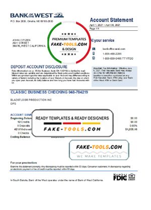USA Bank of the West bank statement easy to fill template in Excel and PDF format