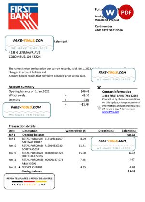 USA Bay First bank statement, Word and PDF template, version 2
