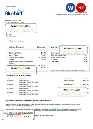 USA Bluebird bank statement Word and PDF template