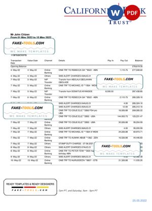 USA California Bank Trust bank statement, Word and PDF template