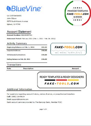 USA California BlueVine bank statement easy to fill template in .xls and .pdf file format