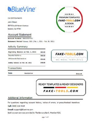USA California BlueVine bank statement template in Word and PDF format, .doc and .pdf format