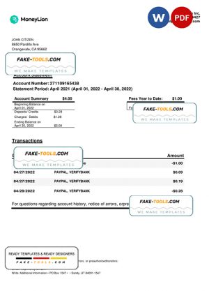 USA California MoneyLion bank statement, Word and PDF template