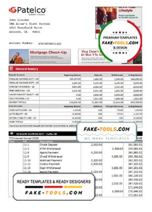 USA California Patelco Credit Union bank statement template in Excel and PDF format