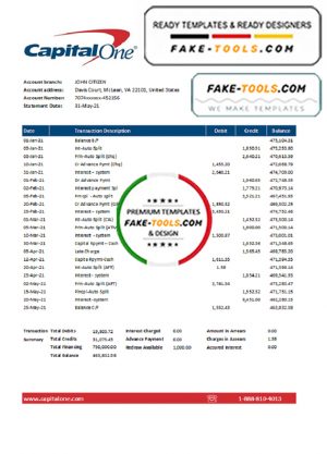 USA Capital One bank statement easy to fill template in Excel and PDF format