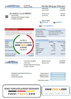 USA Carrington Mortgage Services bank statement easy to fill template in .xls and .pdf file format