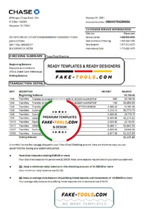 USA Chase account statement easy to fill template in Excel and PDF format