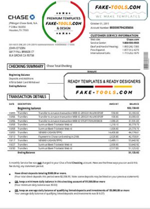 USA Chase account statement template in Word and PDF format, good for address prove