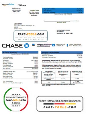 USA Chase bank credit card statement template in .doc and .pdf format