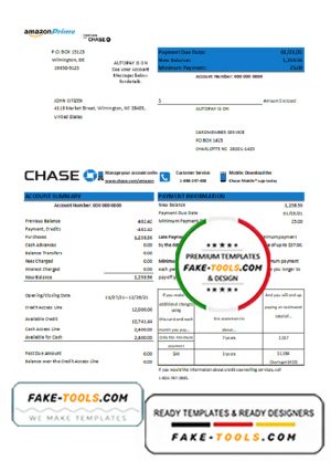 USA Chase bank credit card statement template in .xls and .pdf format