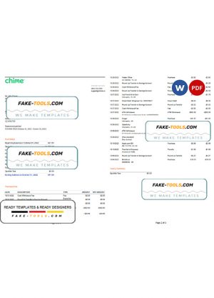 USA Chime bank statement, Word and PDF template, 3 pages