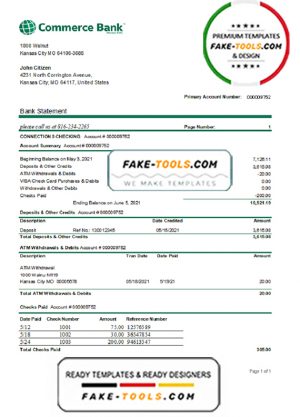 USA Commerce Bank statement easy to fill template in Excel and PDF format