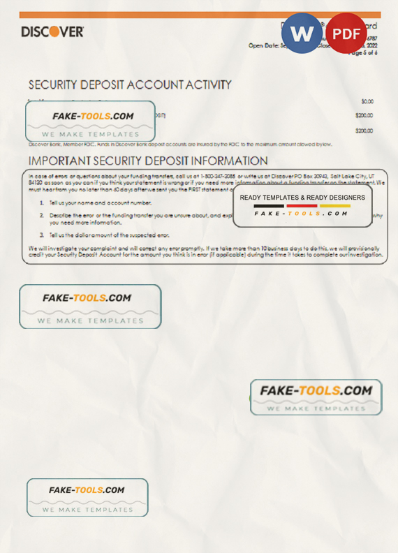 USA Discover bank statement Word and PDF template 5 pages fake tools