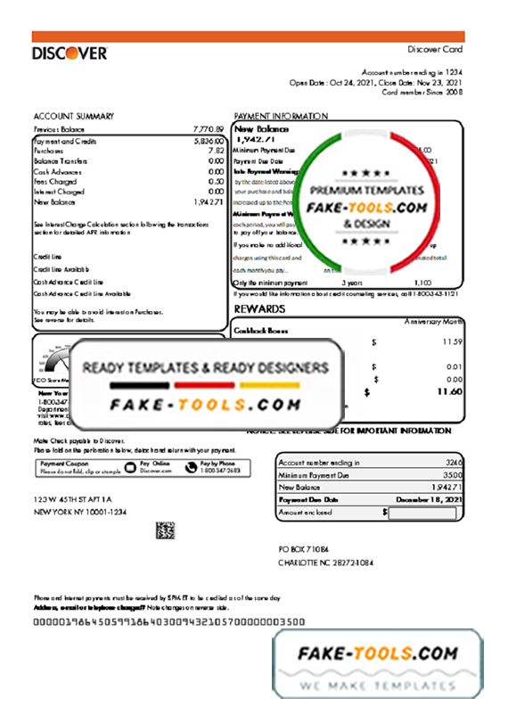 USA Discover bank statement template in Excel and PDF ( xls and pdf