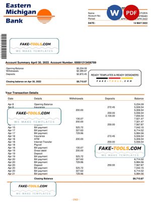 USA Eastern Michigan bank account statement Word and PDF template