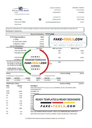 USA Fifth Third Bank statement easy to fill template in .xls and .pdf file format